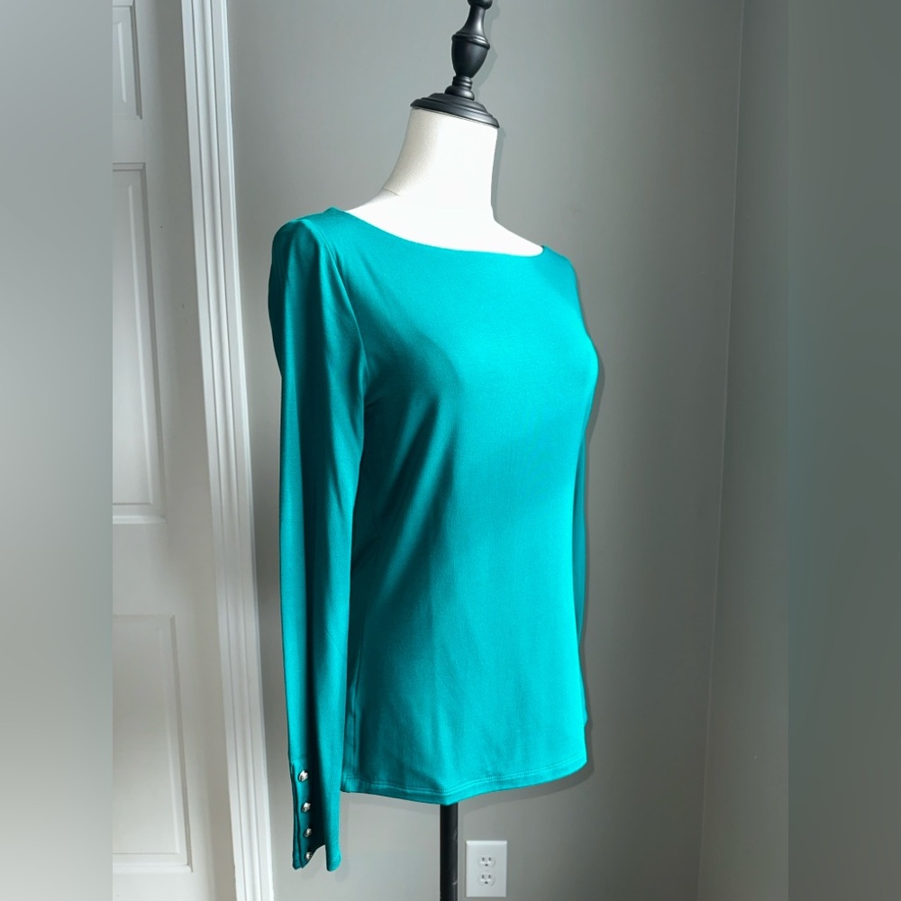 NWT Ann Taylor Medium Long Sleeve jade green top gold button accents on sleeves